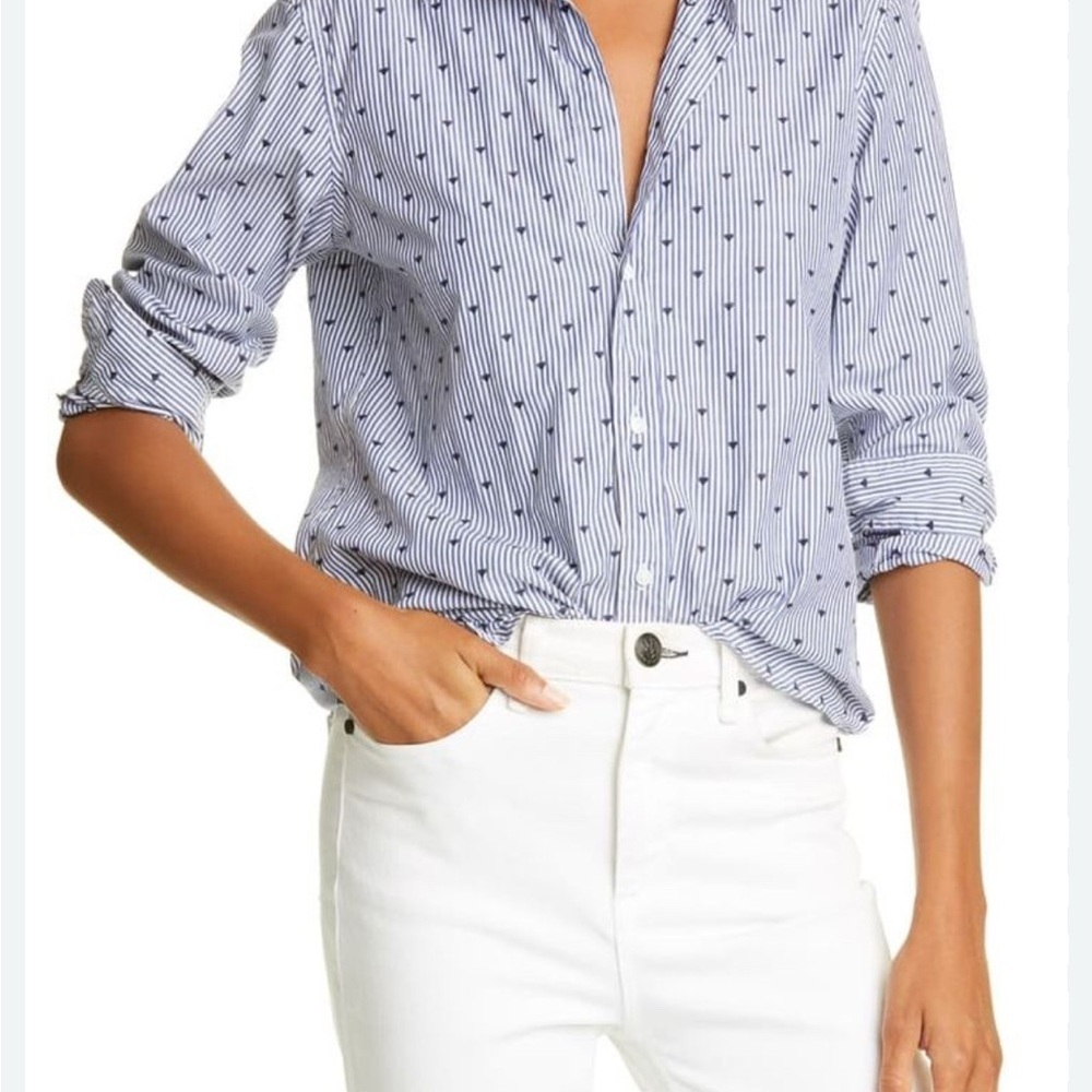 GAP Women's Navy and Gray Striped Cotton Button-Down Shirt